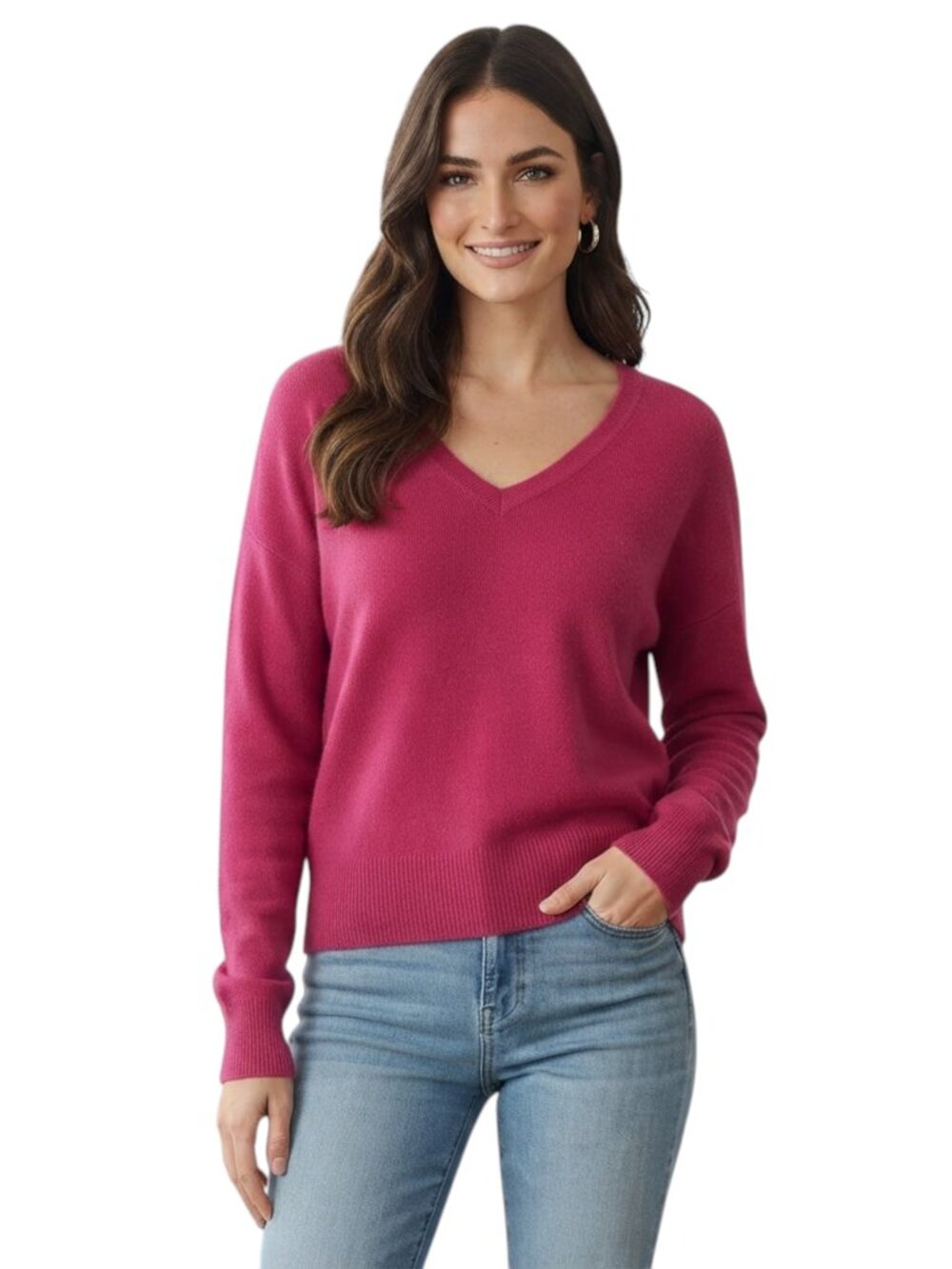 Banana Republic Fuchsia V Neck Merino Wool Sweater Size L Classic Preppy Bright